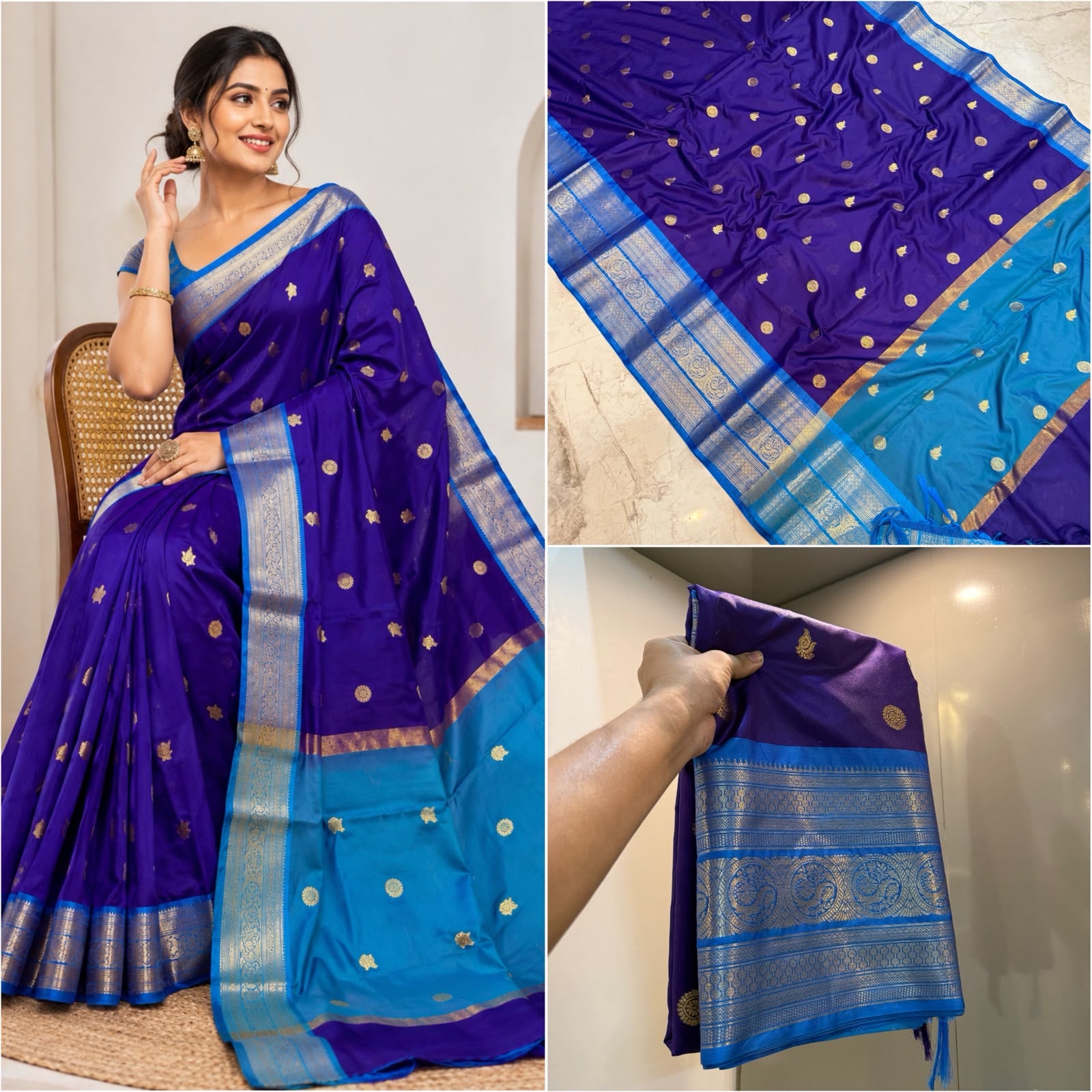 Banarasi Soft Semi Katan Silk Saree – Royal Blue with Sky Blue Zari Border SB04