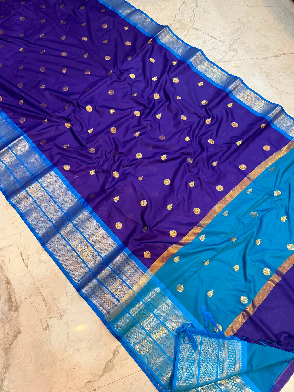 Banarasi Soft Semi Katan Silk Saree – Royal Blue with Sky Blue Zari Border SB04