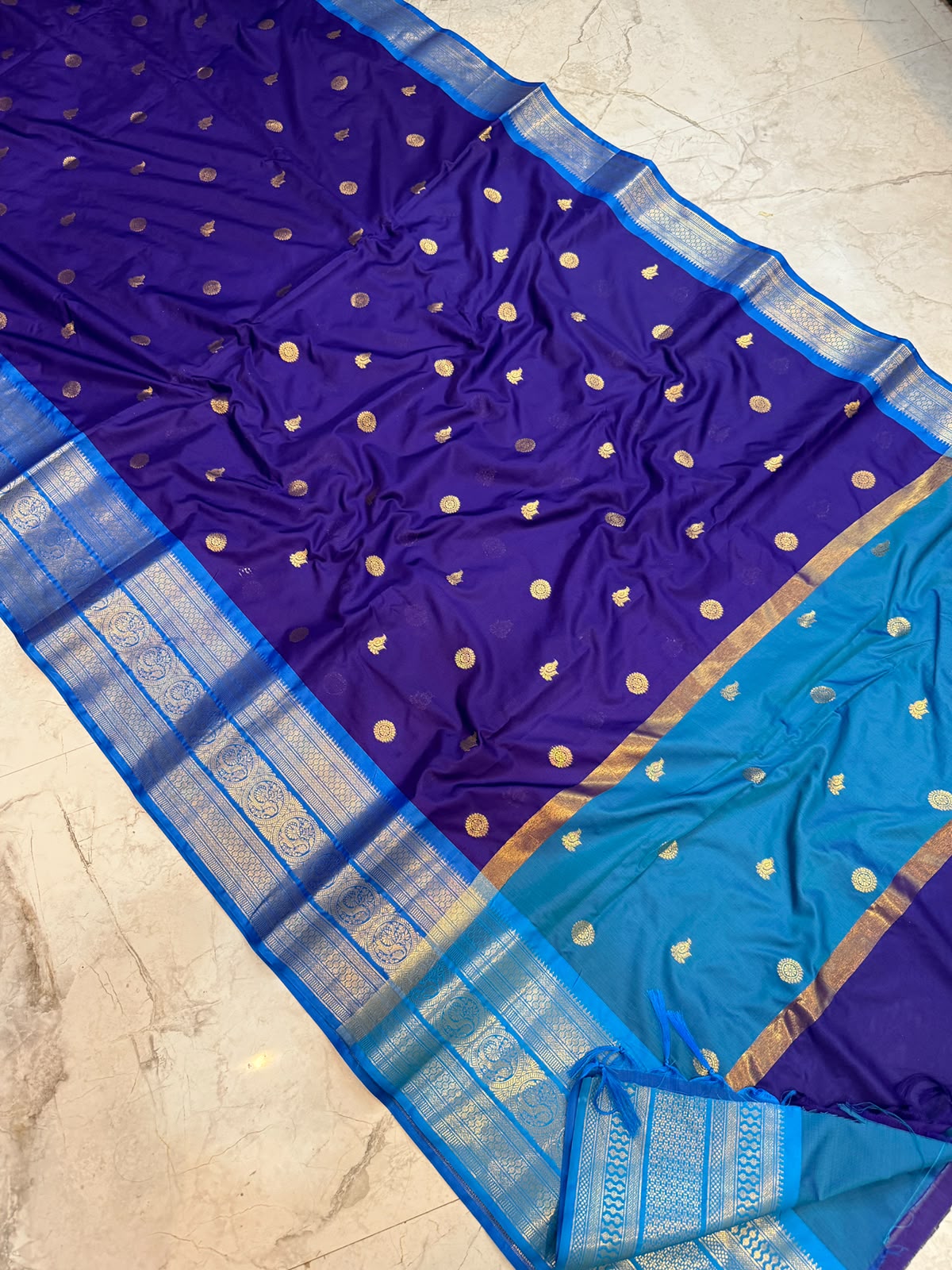 Banarasi Soft Semi Katan Silk Saree – Royal Blue with Sky Blue Zari Border SB04