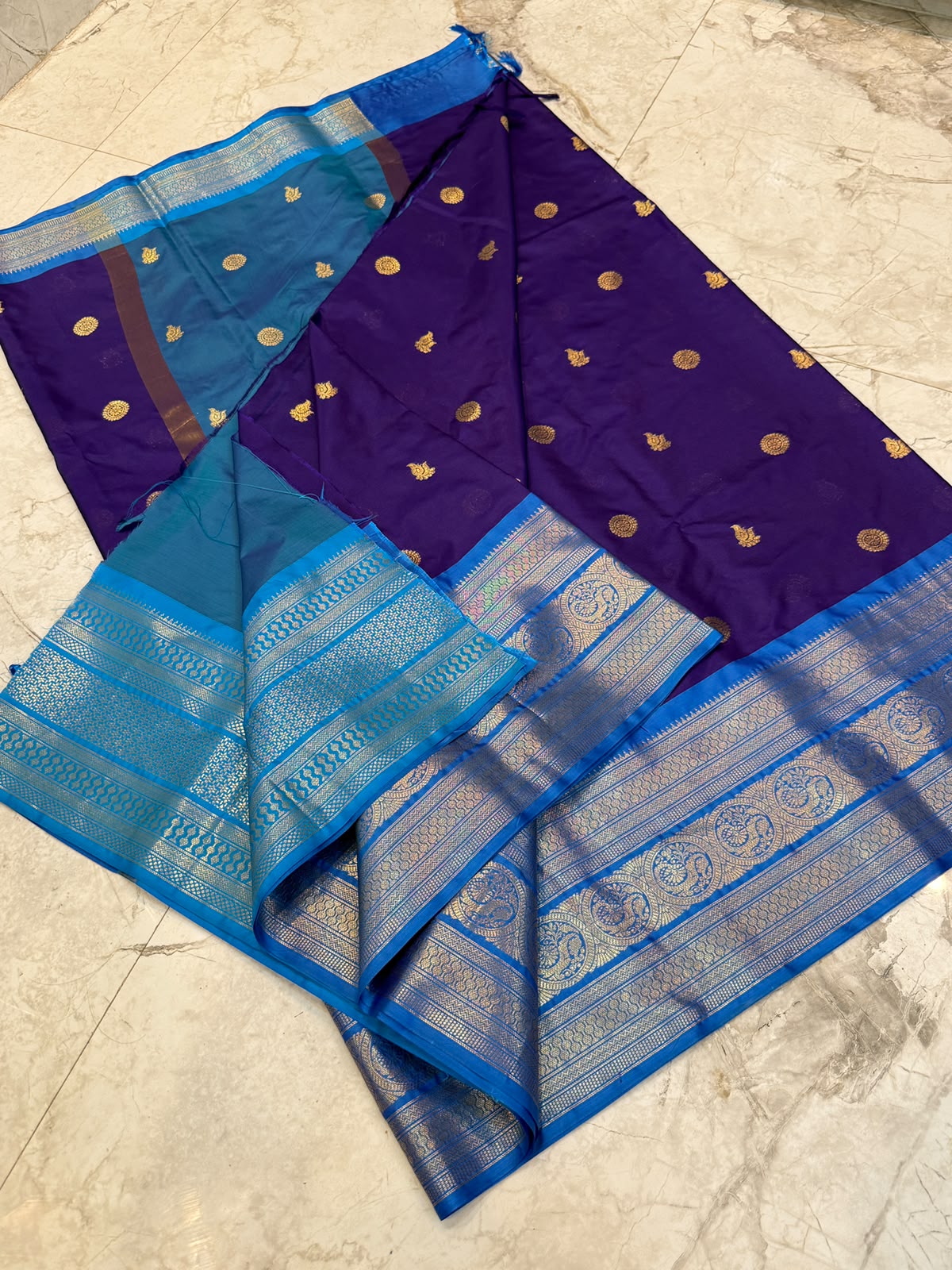 Banarasi Soft Semi Katan Silk Saree – Royal Blue with Sky Blue Zari Border SB04