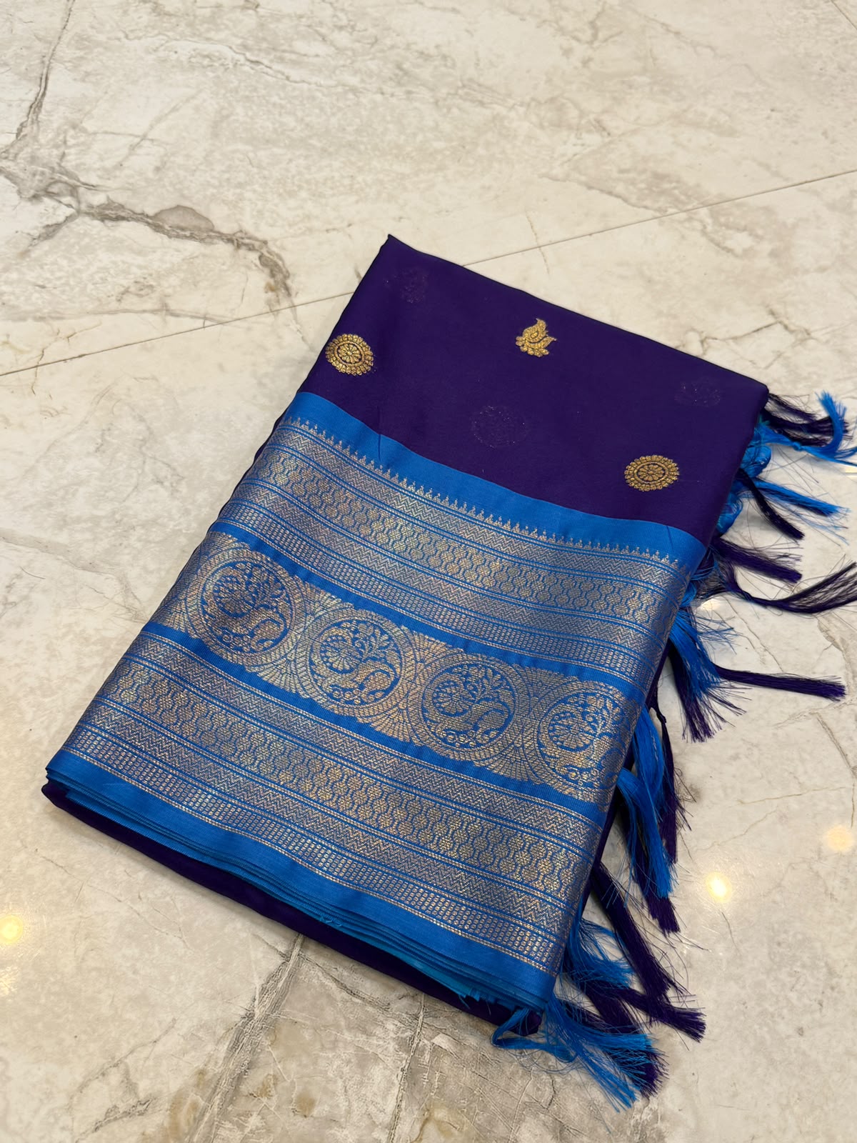 Banarasi Soft Semi Katan Silk Saree – Royal Blue with Sky Blue Zari Border SB04