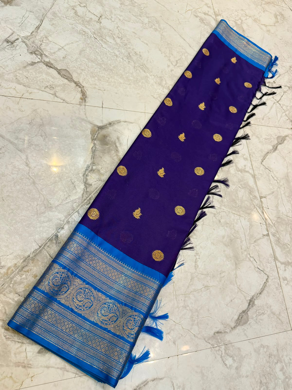 Banarasi Soft Semi Katan Silk Saree – Royal Blue with Sky Blue Zari Border SB04
