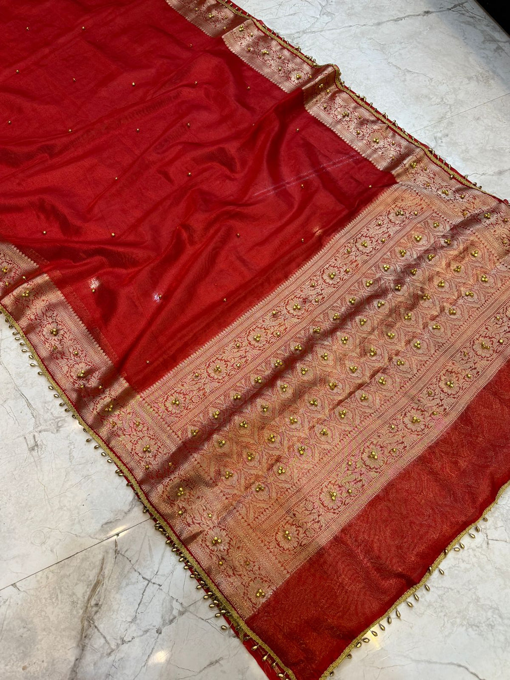 Banarasi Tissue Silk Saree with Lace & Ghungroo Work GTS