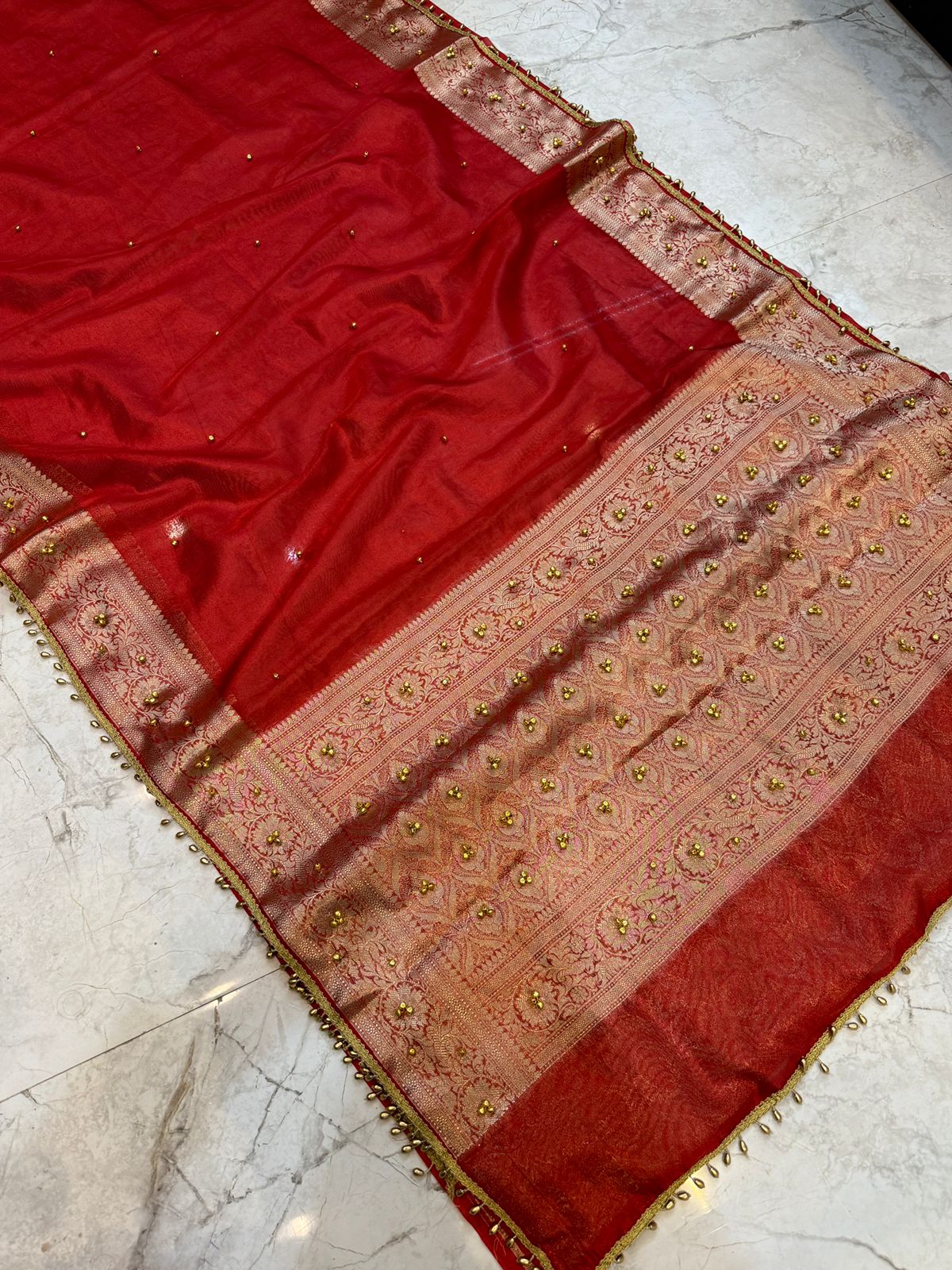 Banarasi Tissue Silk Saree with Lace & Ghungroo Work GTS
