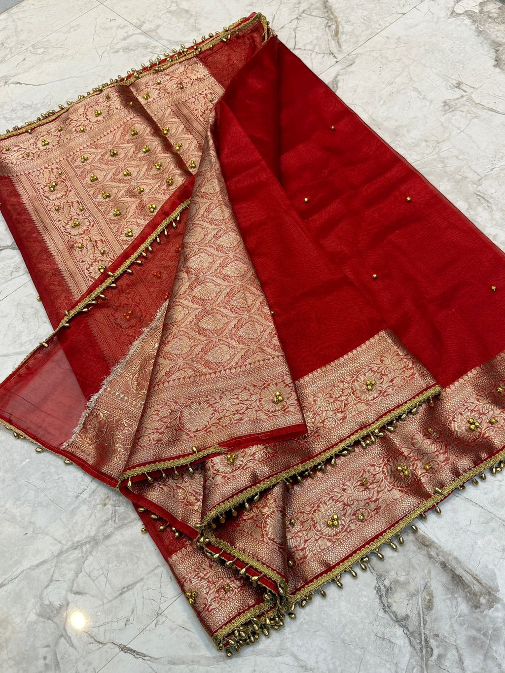 Banarasi Tissue Silk Saree with Lace & Ghungroo Work GTS