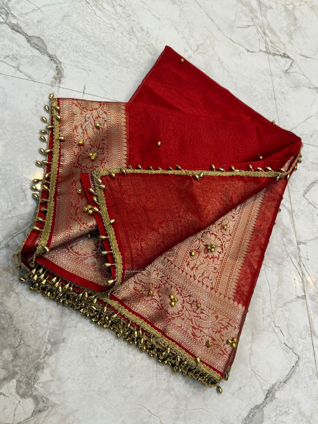 Banarasi Tissue Silk Saree with Lace & Ghungroo Work GTS
