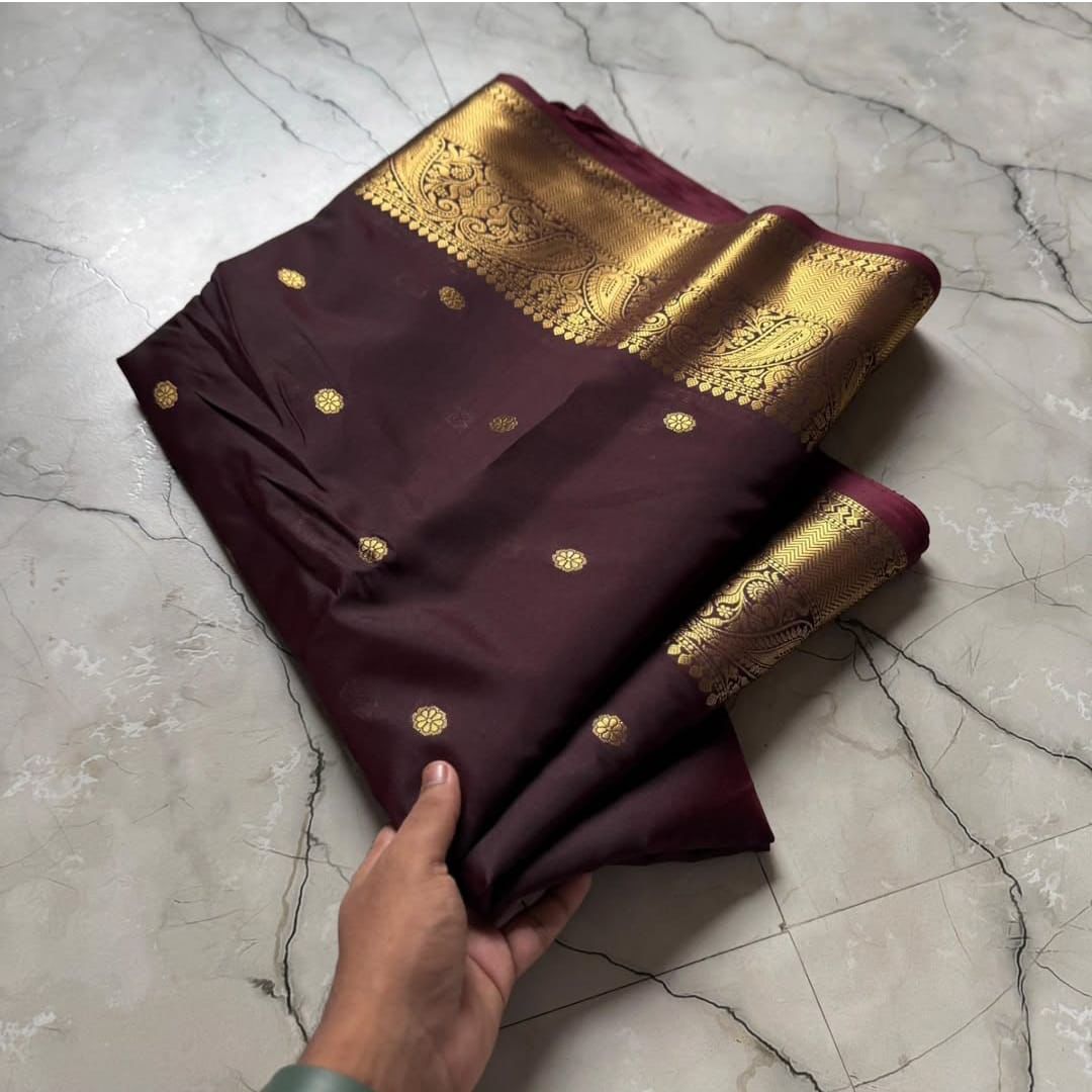 Wine Banarasi Soft Semi Katan Silk Saree with Gold Zari Border DBW