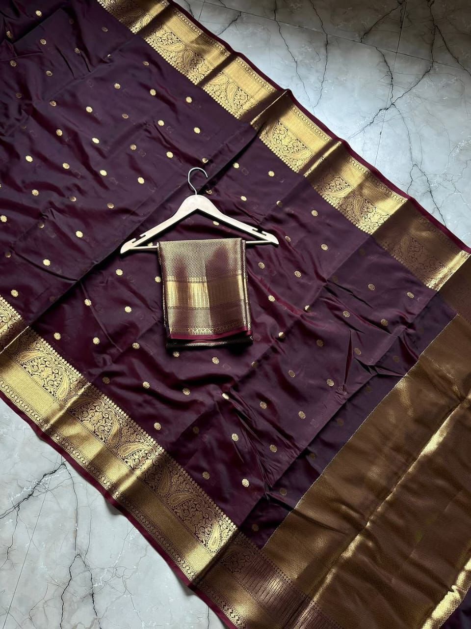 Wine Banarasi soft semi Katan silk saree with gold zari buttis and border