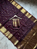 Wine Banarasi soft semi Katan silk saree with gold zari buttis and border